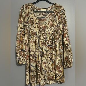 Melloday Woman Dress/Tunic Medium Paisley Print Long Sleeve Smocked V deep neck